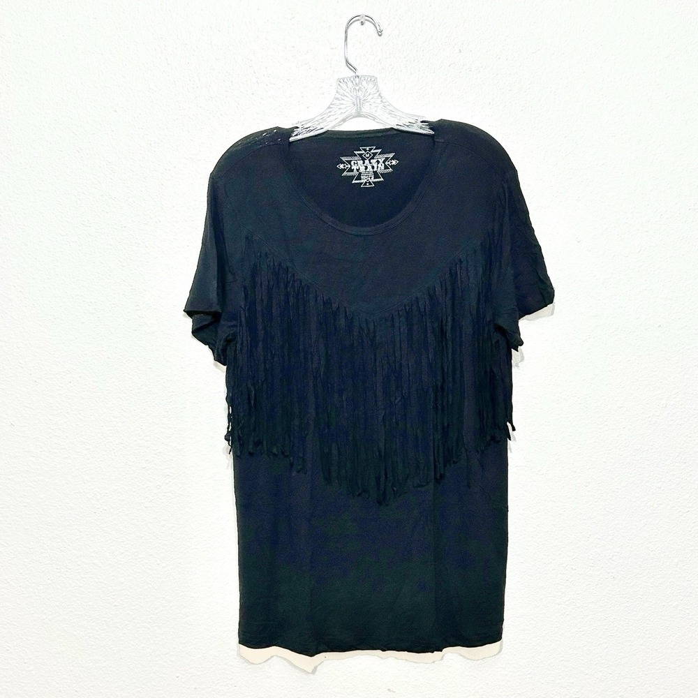 Crazy Train Black Short Sleeve Stretch T Shirt Fringes Western Women's Size M‎